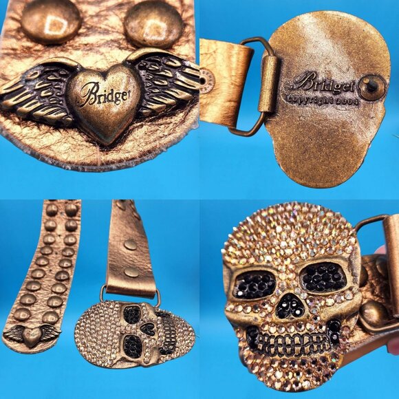 Bridget Shuster 2004 Skull Belt Gold Studded Leather Rhinestone w/ Skull Buckle - Picture 5 of 10